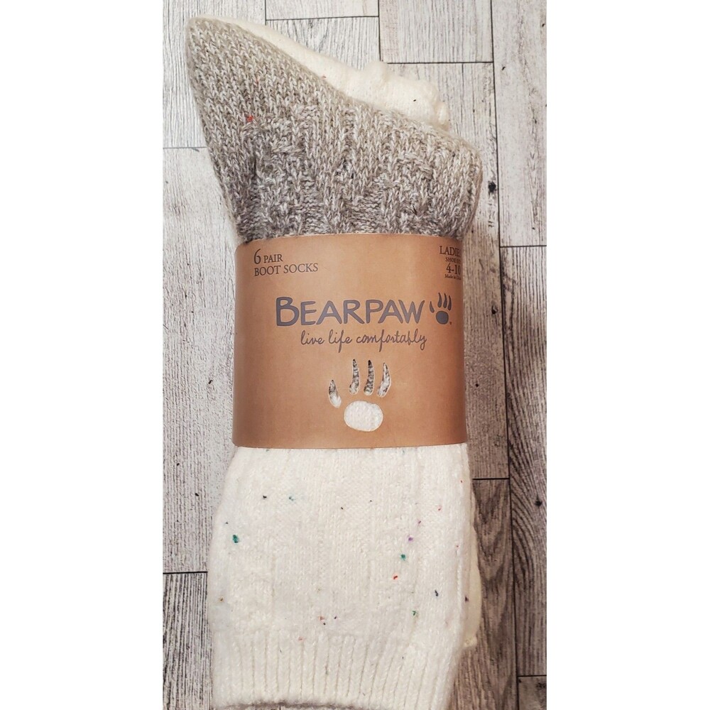New Bearpaw Womens 6 Pair Boot Sock Ivory Cream Grey Cozy Comfort Shoe Size 4-10